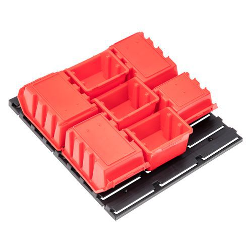 Nástěnný jednostranný regál s boxy FixWall SET Mix (7 ks) Nástěnný plastový jednostranný regál s boxy typu Ergobox 1 a Ergobox 2 je ideálním pomocníkem při práci v dílně.<br />Regál je osazen celkem sedmi boxy (4 x Ergobox 1 a 3 x Ergobox 2) vhodnými k uložení drobného dílenského materiálu.<br />Regál obsahuje celkem 27 úchytů