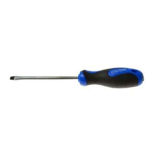 Plochý šroubovák 5 x 100mm GEKO Vyrobeno ze silné chrom vanadiové oceli<br />Magnetická špička<br />Rukojeť s praktickým otvorem k zavěšení<br />Rukojeť s měkkým úchopem ze dvou materiálů (plast + guma)