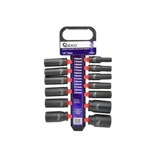 Sada 13 nástrčných rázových dlouhých hlavic 1/2" GEKO 10mm<br />13mm<br />14mm<br />15mm<br />17mm<br />18mm<br />19mm<br />21mm<br />22mm<br />24mm<br />27mm<br />30mm<br />32mm
