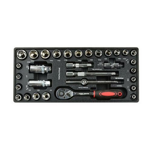 Vložka do zásuvky - ráčnová sada 3/8" 8-22mm CRV GEKO 1x prodloužení 3/8 150mm<br />1x kardanový kloub 3/8<br />2x Svíčka: 16