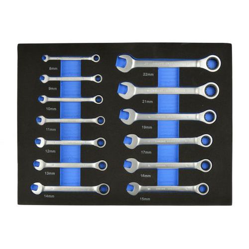 Vložka do zásuvky - kombinované klíče s ráčnou 13ks 12-8mm GEKO 72-zubový rohatkový mechanismus<br />Plochá hlava nastavená v úhlu 15° k ose rukojeti<br />Vyrobeno z CrV oceli<br />Sada obsahuje klíče velikosti: 8