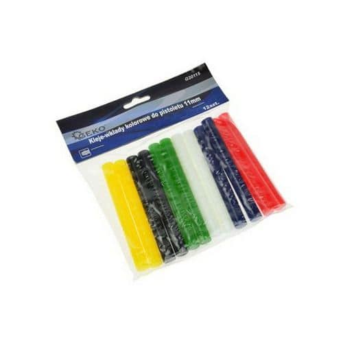 Tyčinky tavné pro lepící pistoli barevné 11mm 12ks GEKO Rozměry: 11mm<br />Balení: 12ks<br />Barva: barevné