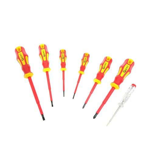 Sada šroubováků se zkoušečkou 7ks 1000V GEKO Šroubovák PH0 x 75mm<br />Šroubovák PH1 x 80mm<br />Šroubovák PH2 x 100mm<br />Plochý šroubovák 0