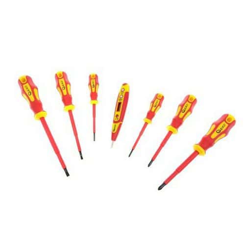 Sada šroubováků se zkoušečkou 7ks 1000V GEKO Šroubovák PH0 x 75mm<br />Šroubovák PH1 x 80mm<br />Šroubovák PH2 x 100mm<br />Plochý šroubovák 0