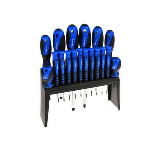 Sada 18 kusů šroubováků ve stojanu GEKO Philips kříž 00 x 50mm<br />Philips kříž 0 x 50mm<br />Plochý 2