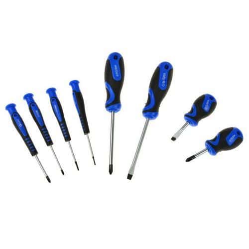 8dílná sada šroubováků GEKO Phillips kříž 0 x 50mm<br />Phillips kříž 1 x 50mm<br />Plochý 2 x 50mm<br />Plochý 2