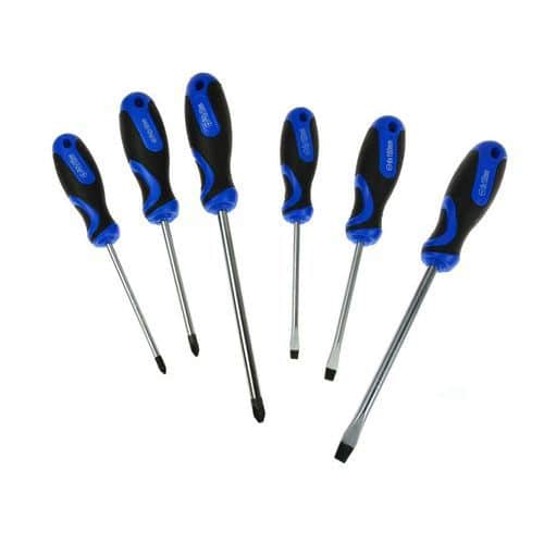 6dílná sada šroubováků GEKO Philips kříž 1 x 100mm<br />Philips kříž 2 x 100mm<br />Philips kříž 3 x 150mm<br />Plochý 5 x 100mm<br />Plochý 6 x 100mm<br />Plochý 8 x 150mm.<br />Vyrobeno ze silné chrom vanadiové oceli<br />Magnetické hroty<br />Rukojeť s praktickým otvorem k zavěšení<br />Rukojeť s měkkým úchopem ze dvou materiálů (plast + guma)