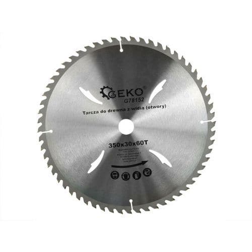 Pilový kotouč na dřevo 350x30x60T GEKO Průměr kotouče: 350 mm<br />Montážní otvor: 30 mm<br />Řezné zuby z karbidu wolframu<br />60 řezných zubů<br />Má chladicí otvory