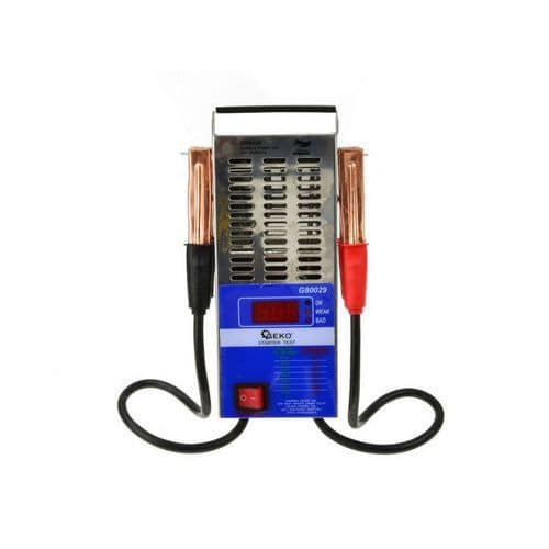 Tester autobaterie zátěžový LED GEKO Zběžný test akumulátoru<br />Zátěžový test akumulátoru<br />Test nabíjení akumulátoru<br />Test startéru<br />Druh měřidla napětí LED digitální<br />Měřící proudu při zátěžovém testu 100 A<br />Provozní napětí 12 V =<br />Druhy testovaných akumulátorů olověné kyselinové<br />Časový režim zátěžového testu 10 s / 5 min<br />Rozsah napětí 8