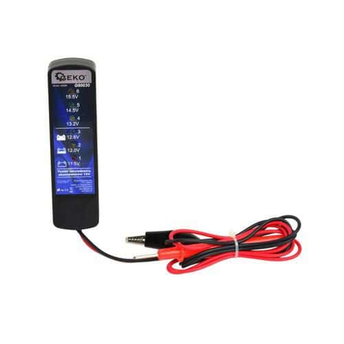Tester baterií 12V GEKO Vybavené LED indikátorem informujícím o stavu baterie<br />Kontrola výkonu baterie při zatížení<br />Není potřeba žádný další zdroj energie<br />Určené k testování olověných baterií<br />Napětí: 12V<br />Zkušební proud: 100 A<br />Rozsah měření CCA (startovací proud se studeným motorem): 150–1400<br />Rozsah napětí: 8