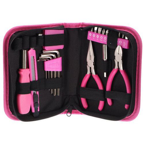Sada nářadí HOME PINK 26 SIXTOL Nářadí je uloženo v malém pouzdře na zip<br />Sada obsahuje nejpoužívanější kusy nářadí<br />Skladná a praktická sada<br />Vhodná pro práci doma i v dílně<br />1x kleště s dlouhými čelistmi<br />1x boční štípací kleště<br />1x ulamovací nůž<br />1x rukojeť šroubovací<br />5x imbusový klíč<br />10x bity: 4