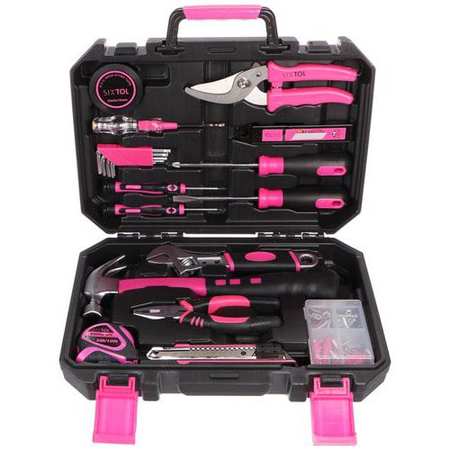 Sada nářadí HOME PINK 88 SIXTOL Díky kompaktní velikosti lze sadu brát i na cesty<br />Obsahuje širokou škálu kvalitního nářadí včetně zahradních nůžek<br />Sada nářadí je pomocníkem v domácnosti i na zahradě<br />Součástí sady je množství spojovacího materiálu<br />Nářadí je uloženo v praktickém černo-růžovém kufříku<br />1x ulamovací nůž<br />1x svinovací metr 3 m<br />1x elektrická zkoušečka<br />5x imbusový klíč<br />1x kleště prodloužené 150 mm<br />1x drápové kladivo<br />1x zahradnické nůžky<br />1x nastavitelný klíč 200 mm<br />2x šroubovák 6 mm X 100 mm<br />2x hodinářský šroubovák<br />10x náhradní břity do nože<br />1x izolační páska<br />60x drobné příslušenství (vruty a hmoždinky)<br />1x plastový kufr<br />Materiál nářadí: uhlíková ocel s pochromováním<br />Materiál kufru: plast<br />Počet kusů v sadě: 88<br />Rozměry kufru: 34 x 24 x 8 cm<br />Hmotnost: 2